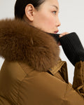 Belted technical fabric down jacket with detachable fox fur collar