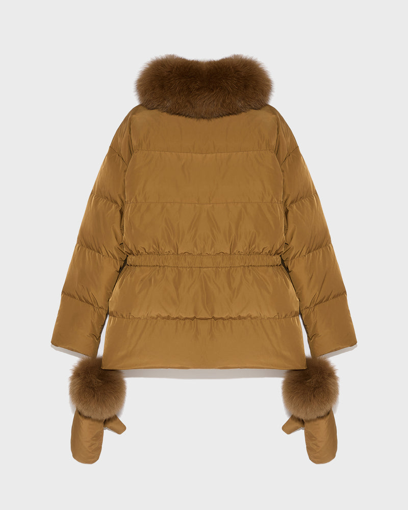 Belted technical fabric down jacket with detachable fox fur collar - camel - Yves Salomon