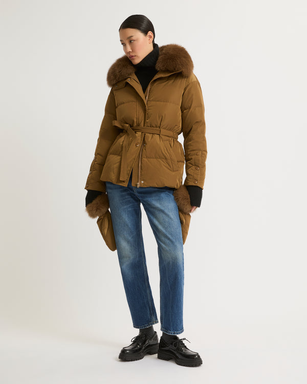 Belted technical fabric down jacket with detachable fox fur collar - camel - Yves Salomon