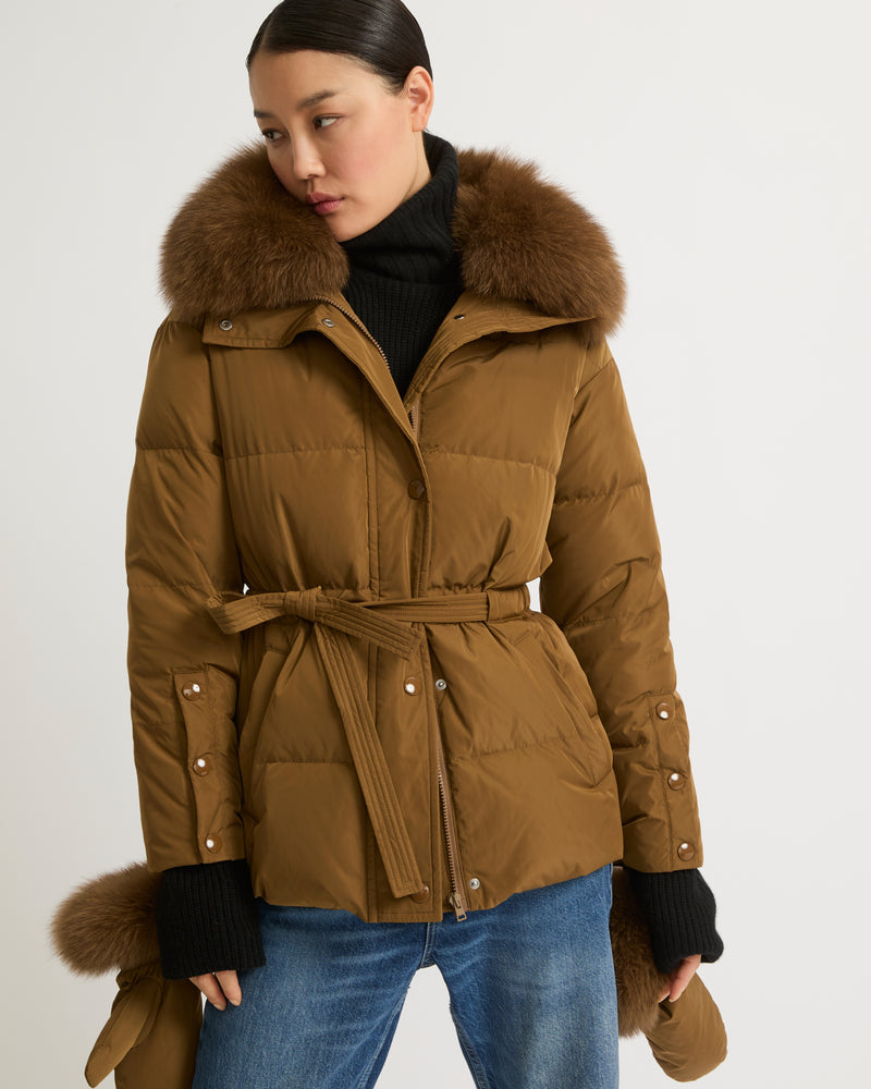 Belted technical fabric down jacket with detachable fox fur collar - camel - Yves Salomon