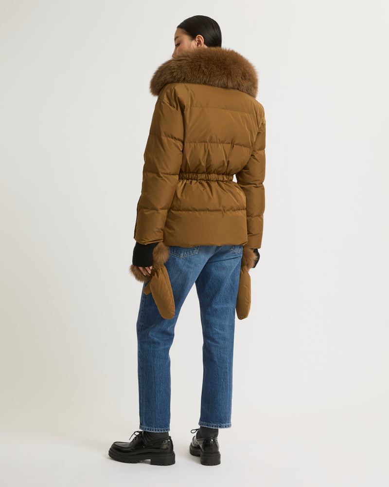 Belted technical fabric down jacket with detachable fox fur collar - camel - Yves Salomon