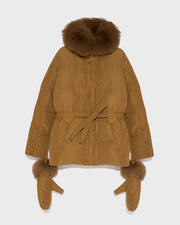 Belted technical fabric down jacket with detachable fox fur collar