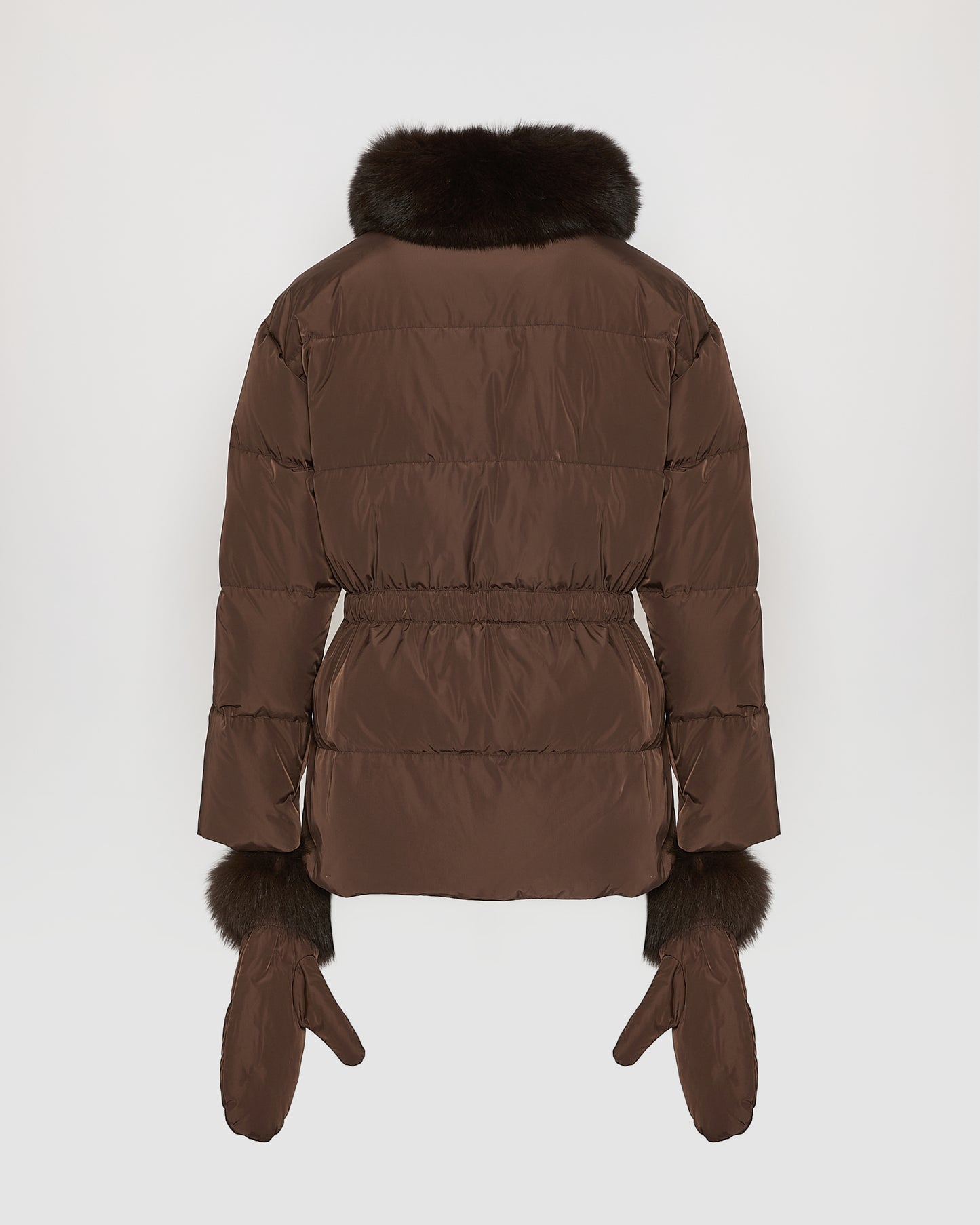 Belted technical fabric down jacket with detachable fox fur collar