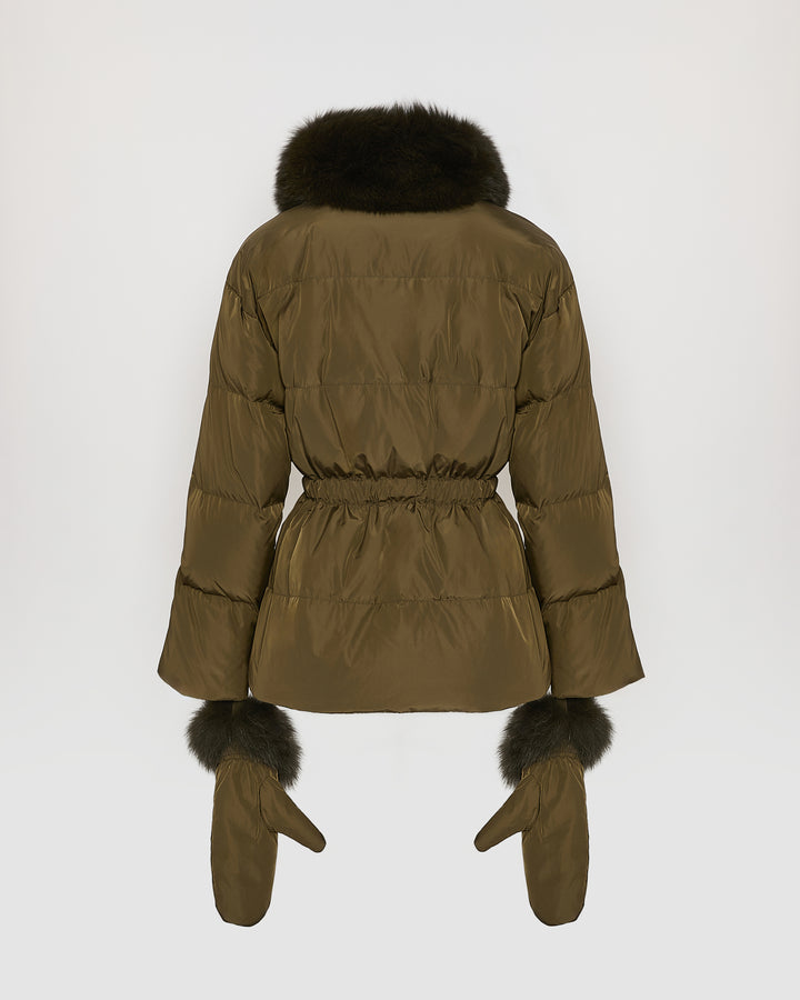 Black Friday - Yves Salomon - Belted technical fabric down jacket with detachable fox fur collar - khaki - back view