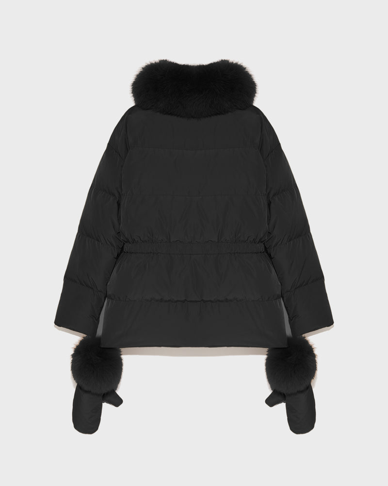 Belted technical fabric down jacket with detachable fox fur collar - black - Yves Salomon