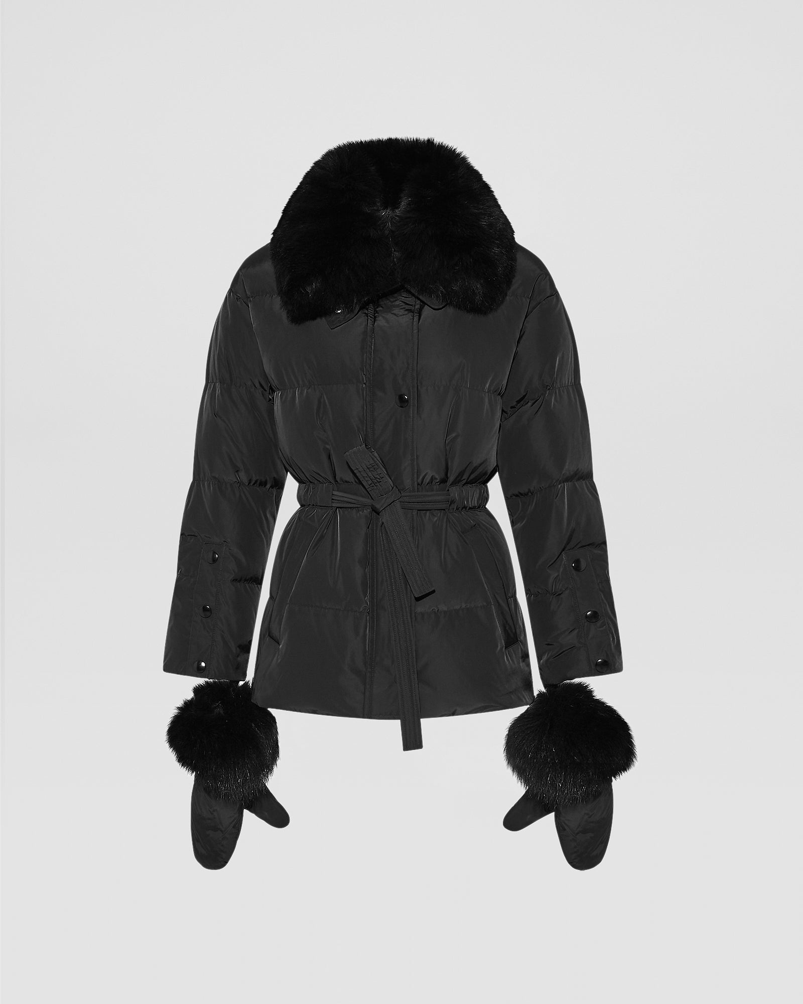 Belted technical fabric down jacket with detachable fox fur collar