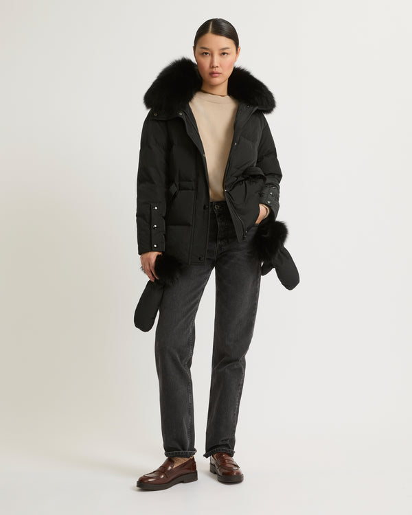 Belted technical fabric down jacket with detachable fox fur collar - black - Yves Salomon