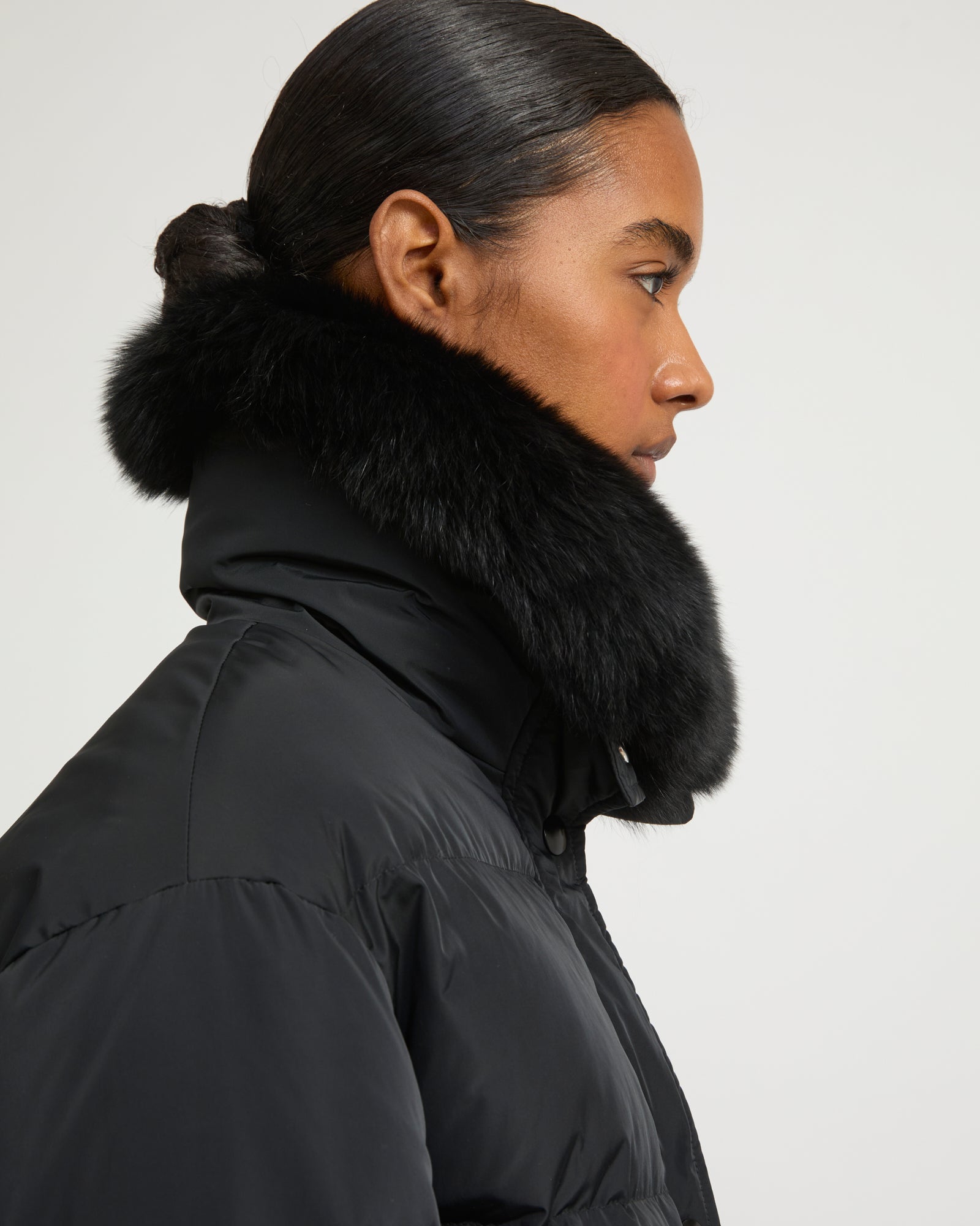 Belted technical fabric down jacket with detachable fox fur collar