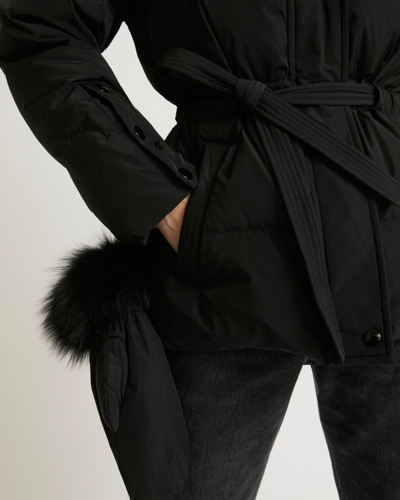 Belted technical fabric down jacket with detachable fox fur collar - black - Yves Salomon