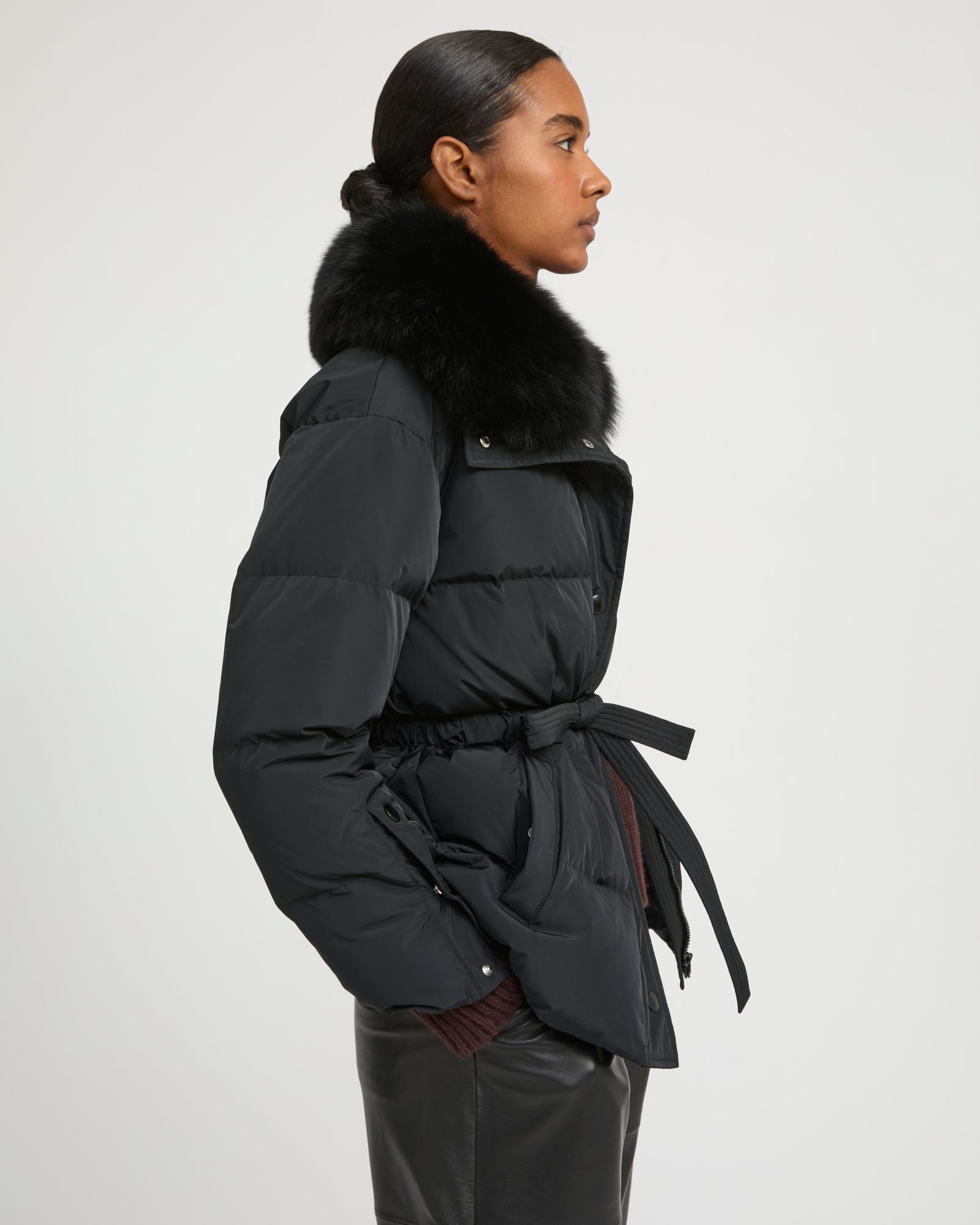 Belted technical fabric down jacket with detachable fox fur collar