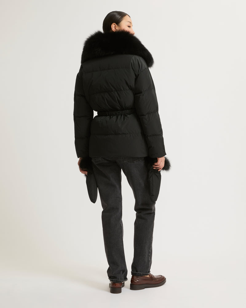 Belted technical fabric down jacket with detachable fox fur collar - black - Yves Salomon