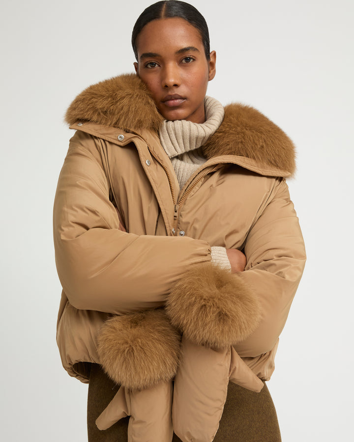 Short technical fabric down jacket with detachable fox fur collar
