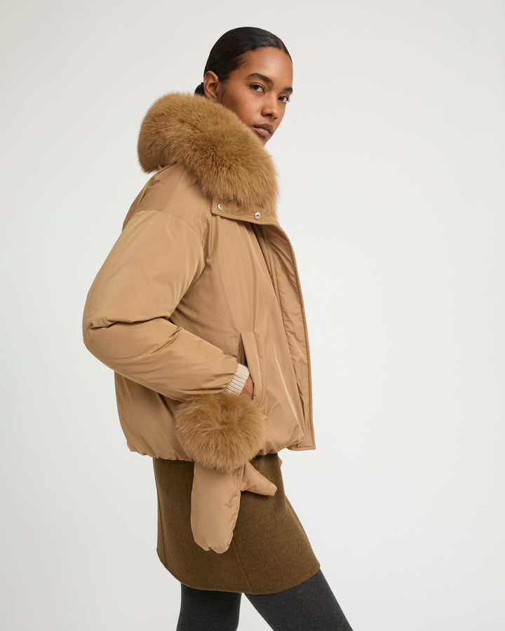 Short technical fabric down jacket with detachable fox fur collar