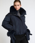 Short technical fabric down jacket with detachable fox fur collar