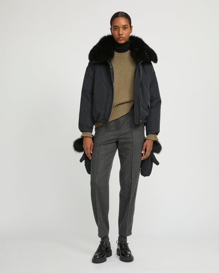 Short technical fabric down jacket with detachable fox fur collar