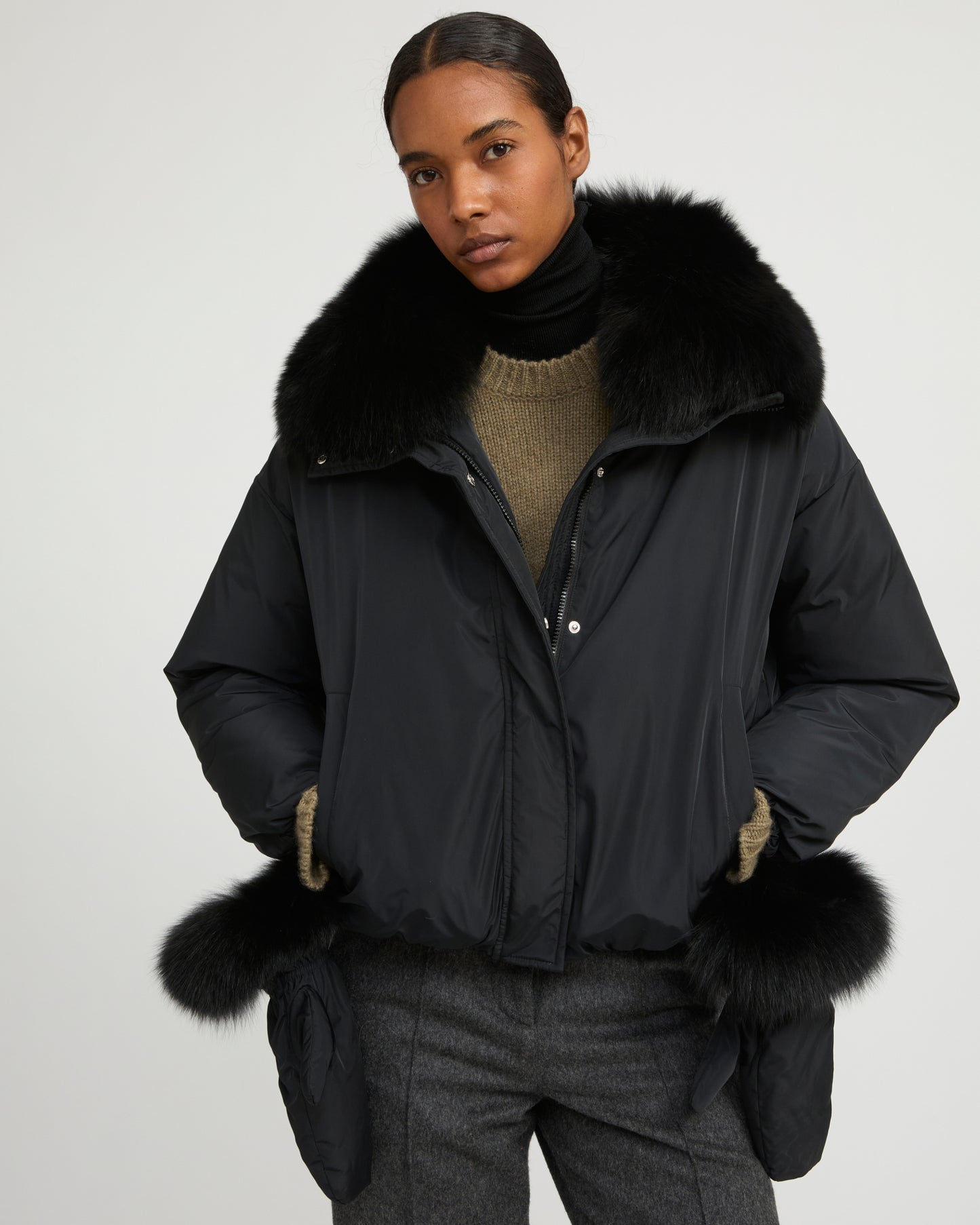 Short technical fabric down jacket with detachable fox fur collar