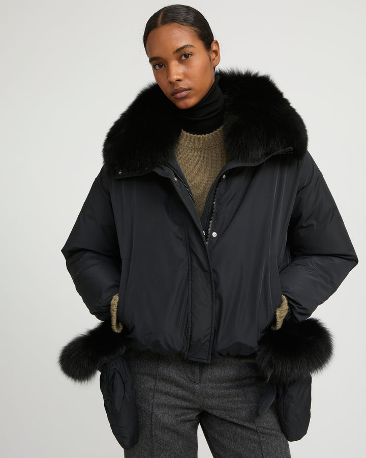 Short technical fabric down jacket with detachable fox fur collar