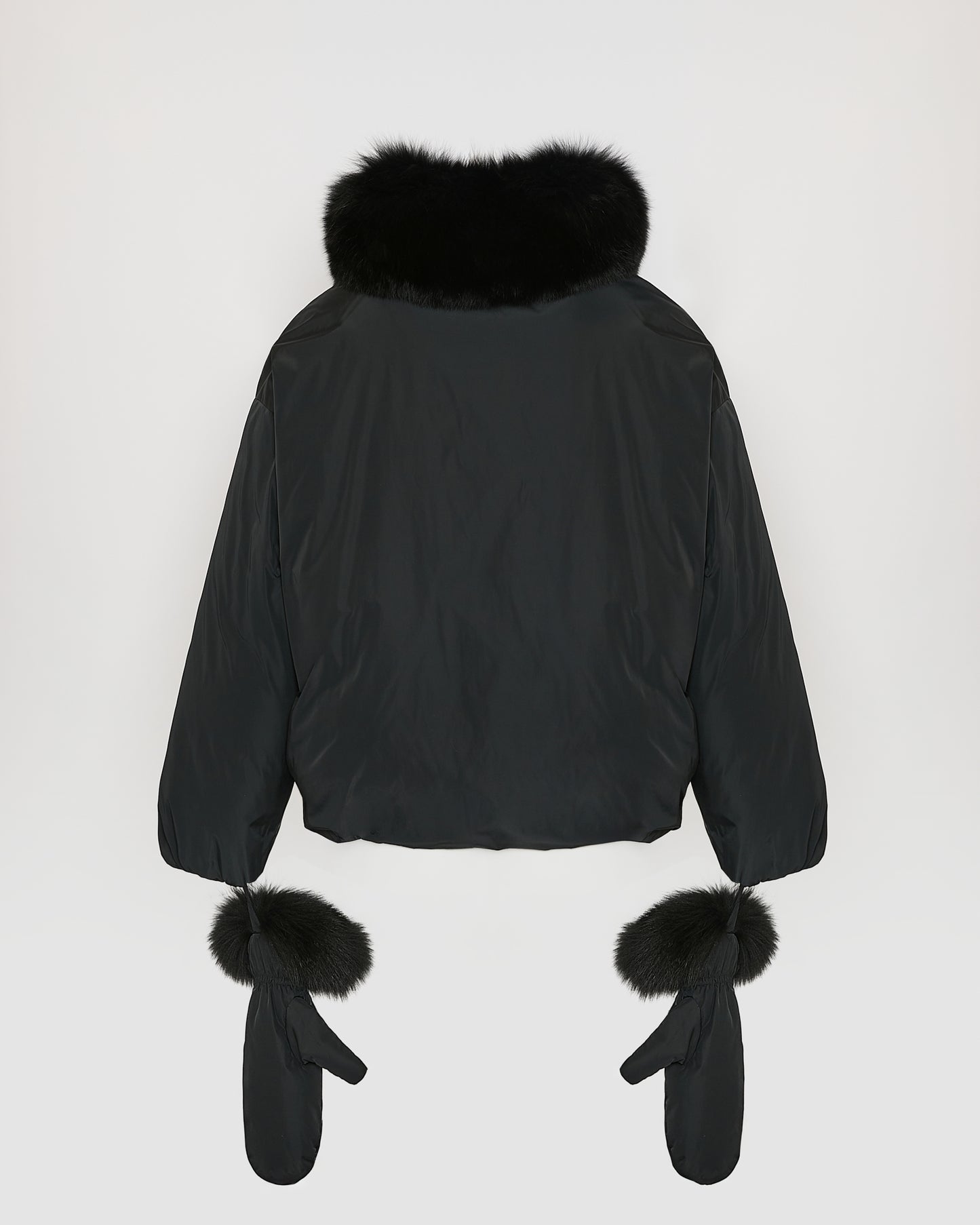 Short technical fabric down jacket with detachable fox fur collar