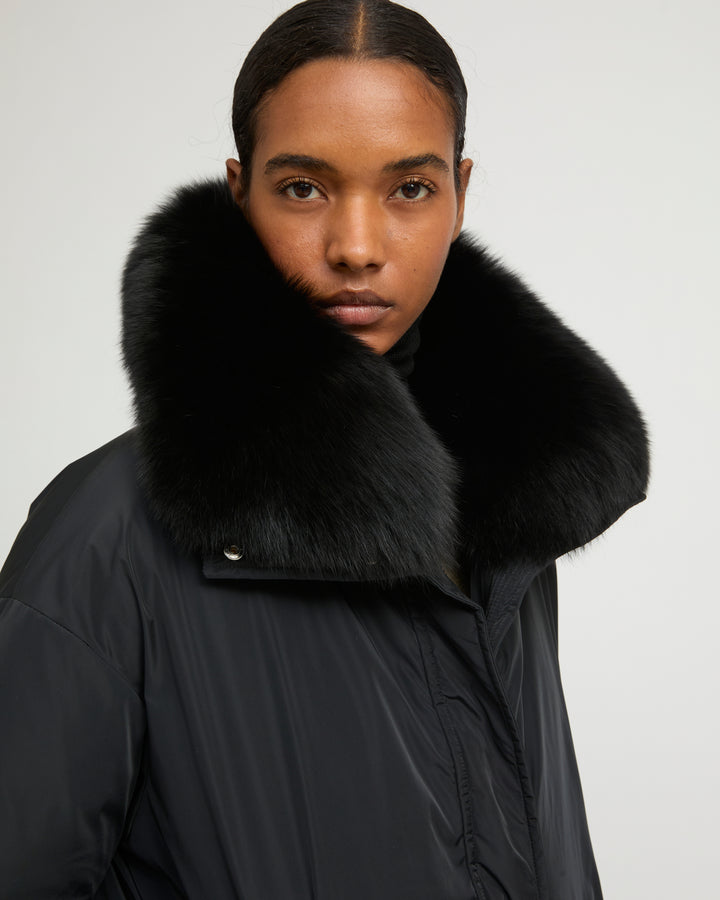 Short technical fabric down jacket with detachable fox fur collar