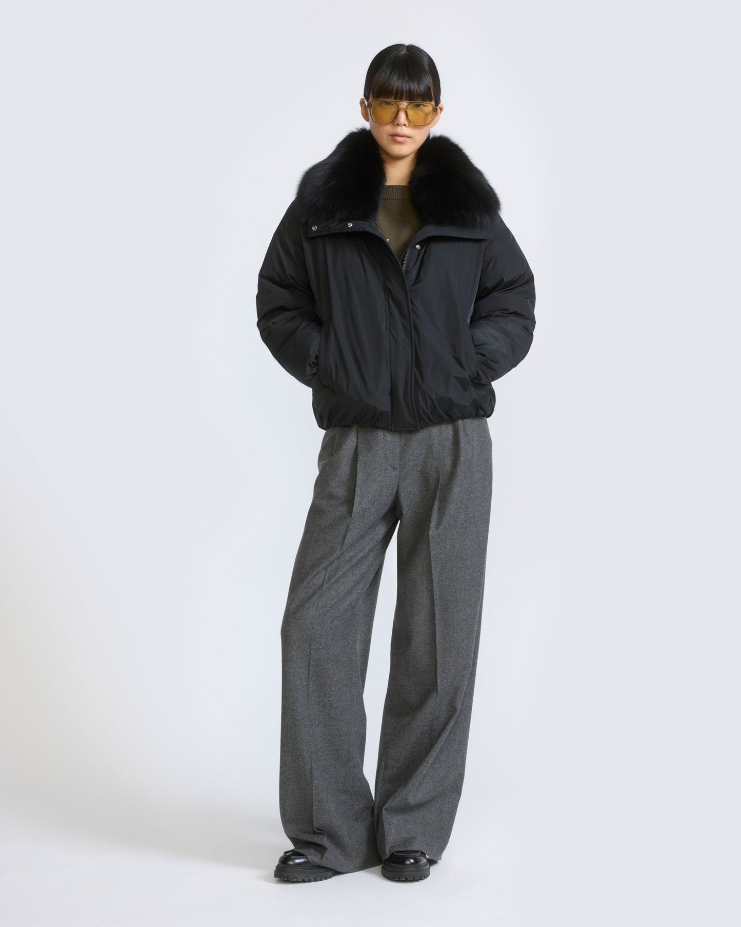 Short technical fabric down jacket with detachable fox fur collar - Yves Salomon - New Fall/Winter Collection