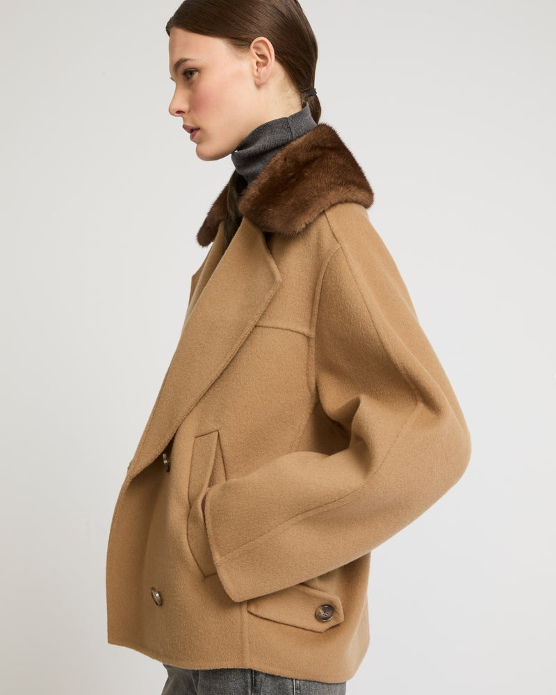 Cashmere blend pea jacket with removable mink collar - camel - Yves Salomon