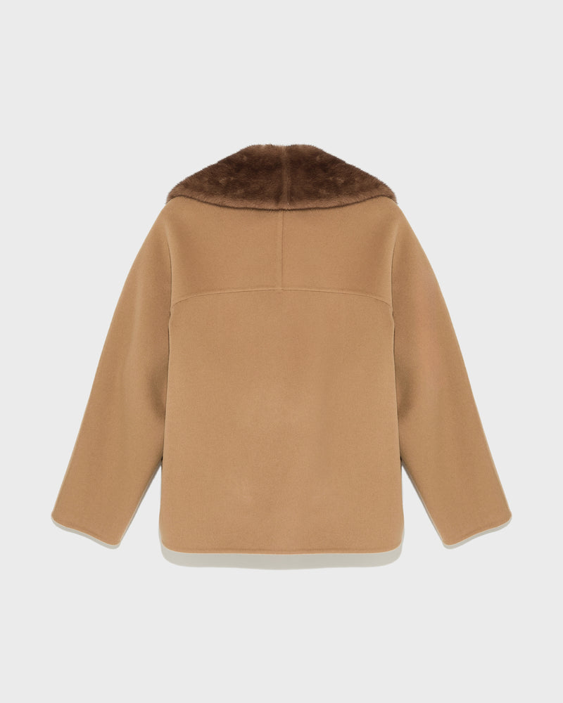 Cashmere blend pea jacket with removable mink collar - camel - Yves Salomon