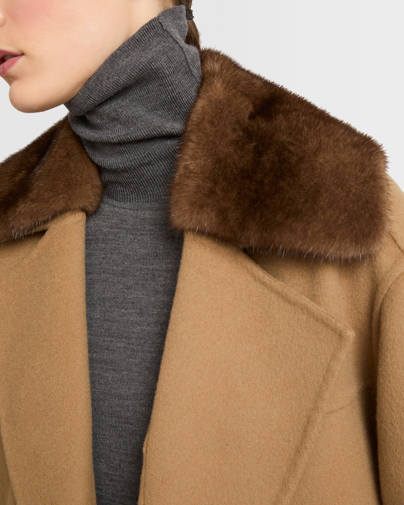Cashmere blend pea jacket with removable mink collar - camel