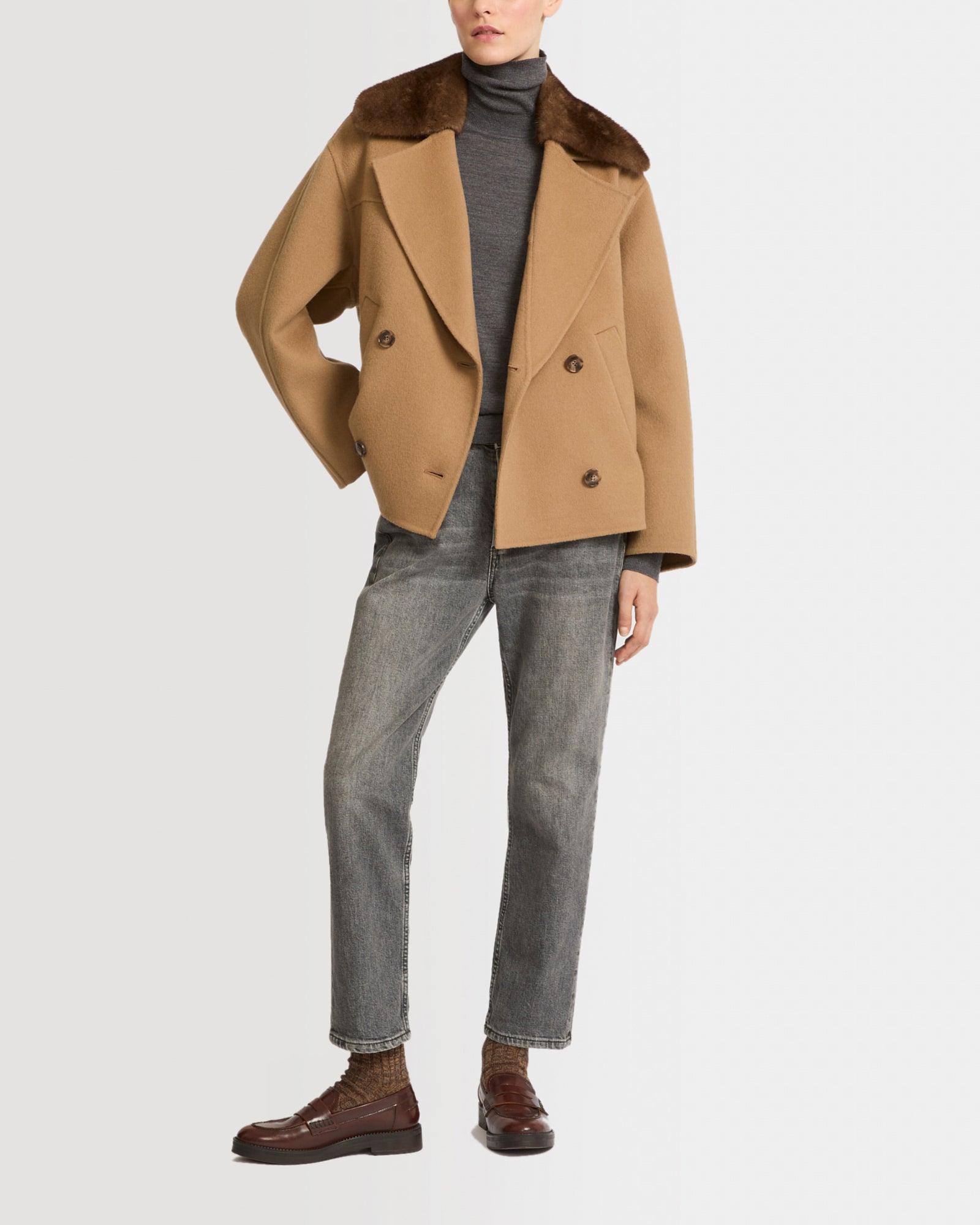 Cashmere blend pea jacket with removable mink collar - camel