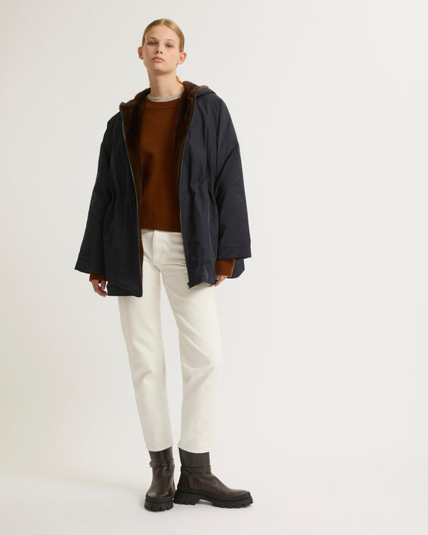 Cape jacket in technical fabric and long-haired mink fur - navy - Yves Salomon