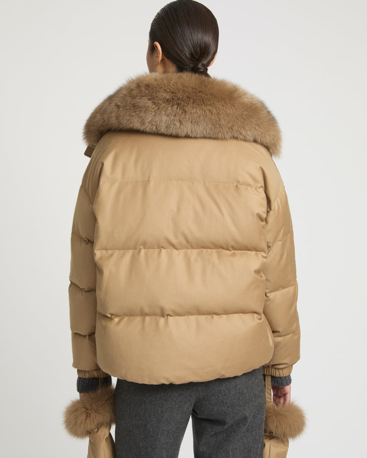 Short Loro Piana fabric down jacket with detachable fox fur collar and mittens