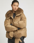 Short Loro Piana fabric down jacket with detachable fox fur collar and mittens