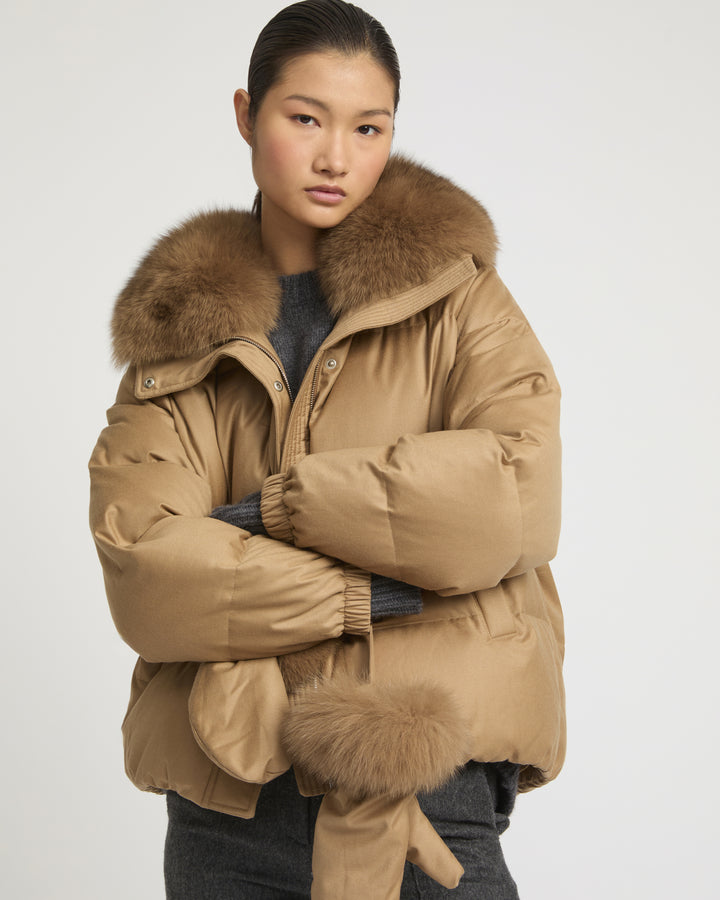 Short Loro Piana fabric down jacket with detachable fox fur collar and mittens