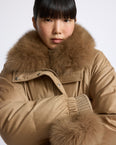 Short down jacket in flannel fabric with detachable fox fur collar and mittens