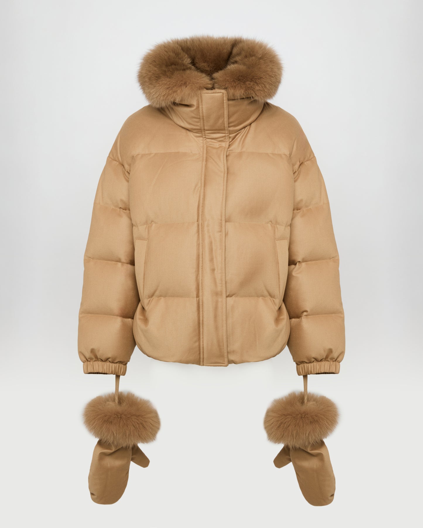 Short Loro Piana fabric down jacket with detachable fox fur collar and mittens
