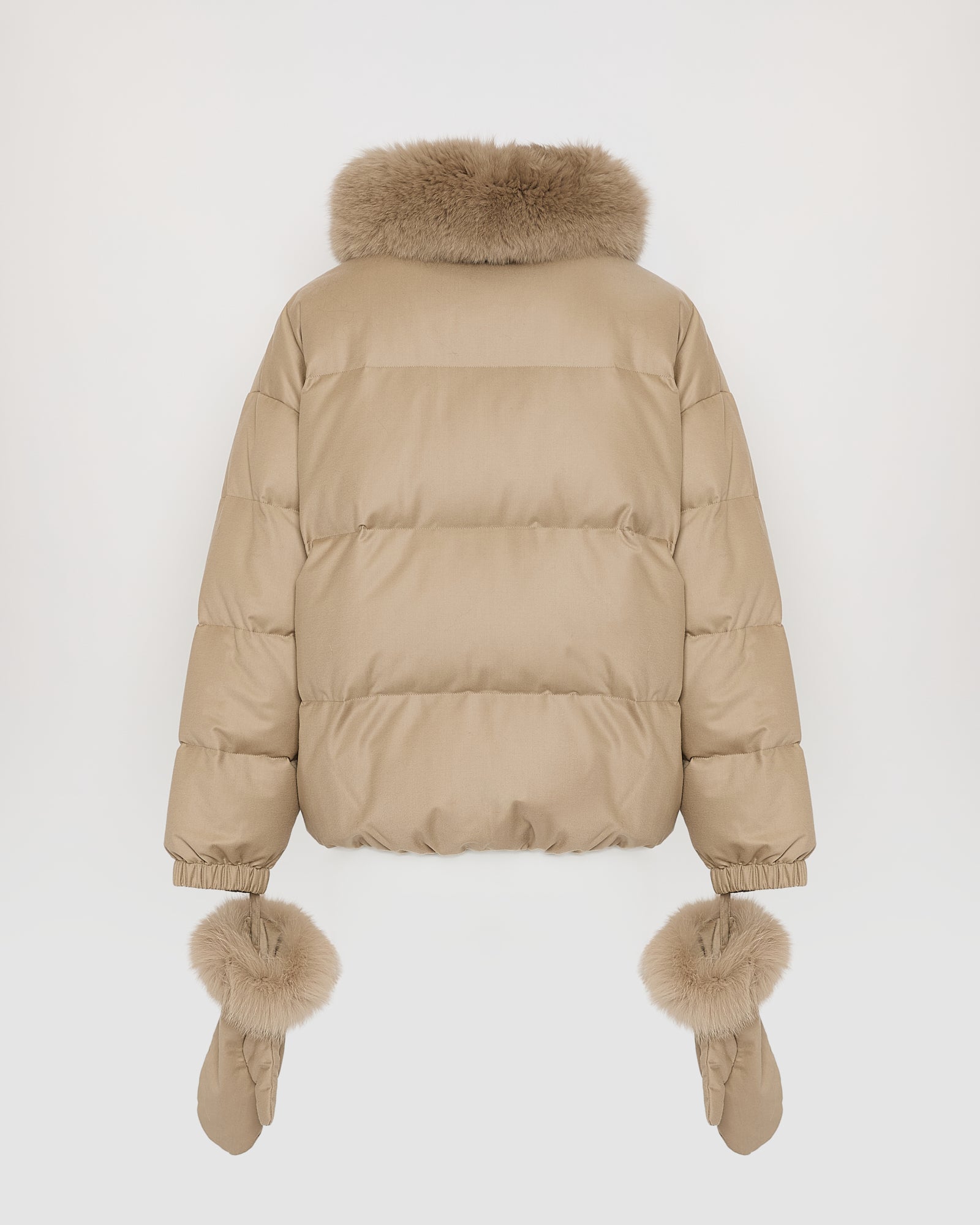 Short down jacket with detachable fox fur collar and mittens
