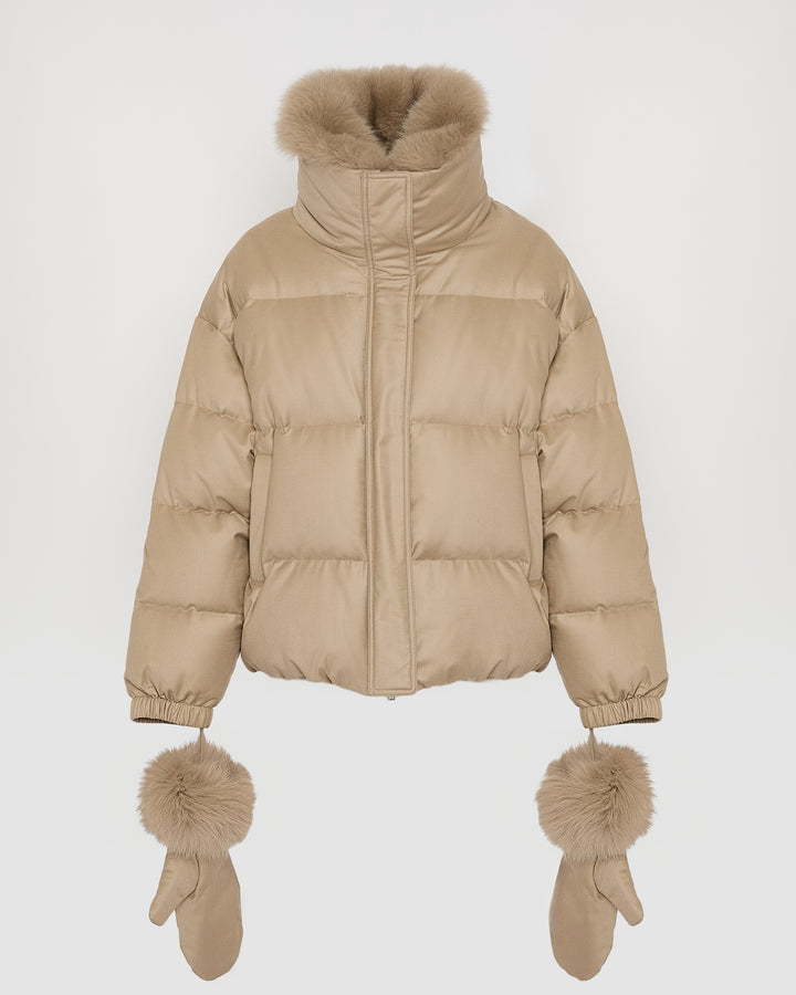 Short Loro Piana fabric down jacket with detachable fox fur collar and mittens