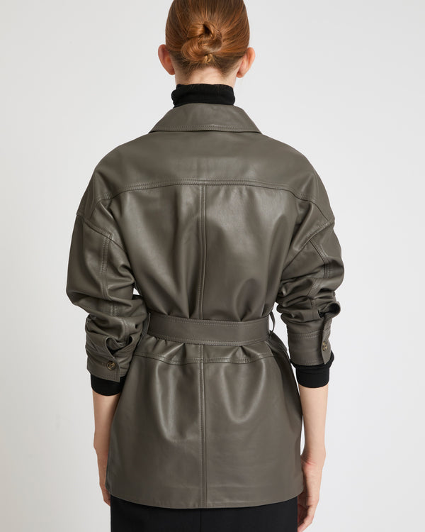 Belted safari jacket in lambskin leather - grey - Yves Salomon