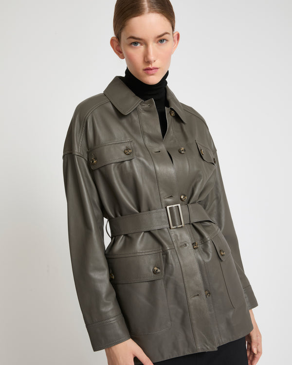 Belted safari jacket in lambskin leather - grey - Yves Salomon