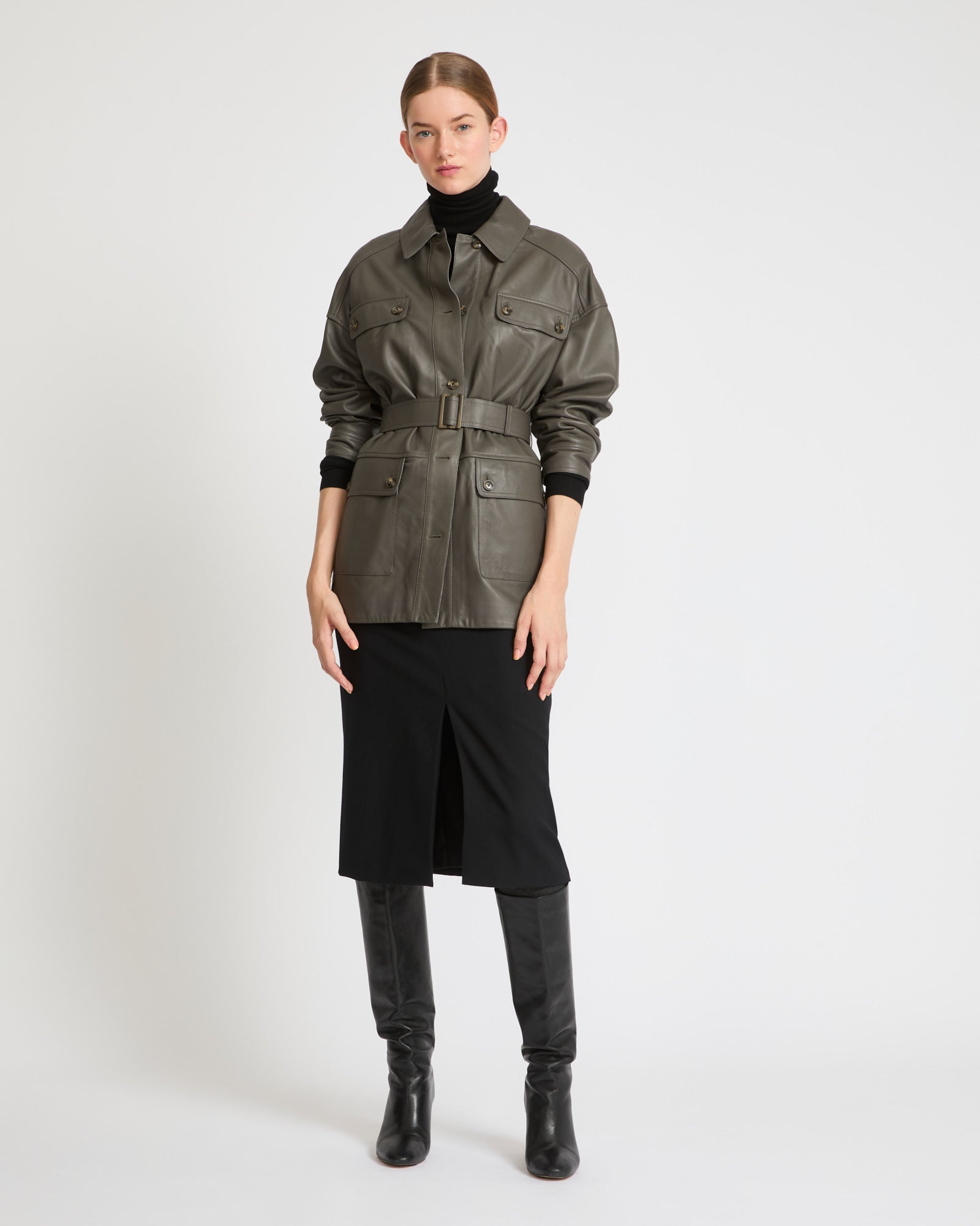 Belted safari jacket in lambskin leather - grey - Yves