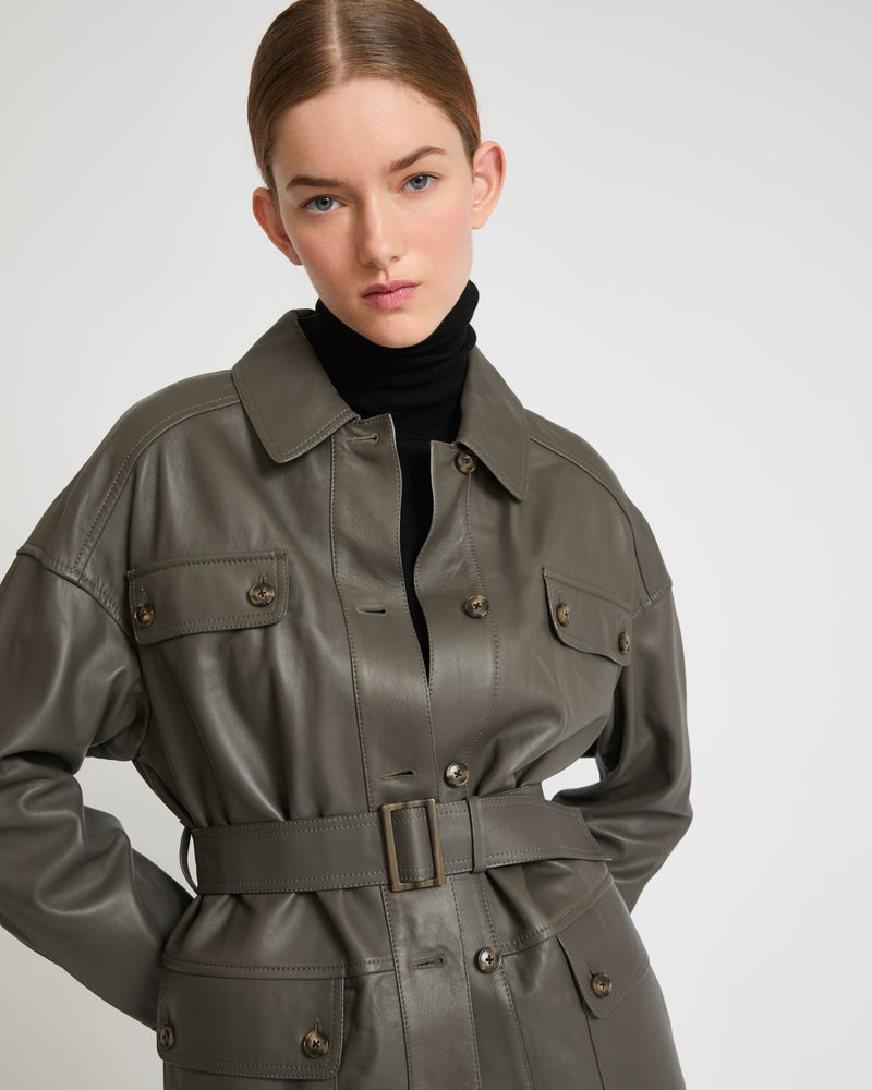 Belted safari jacket in lambskin leather - grey - Yves Salomon