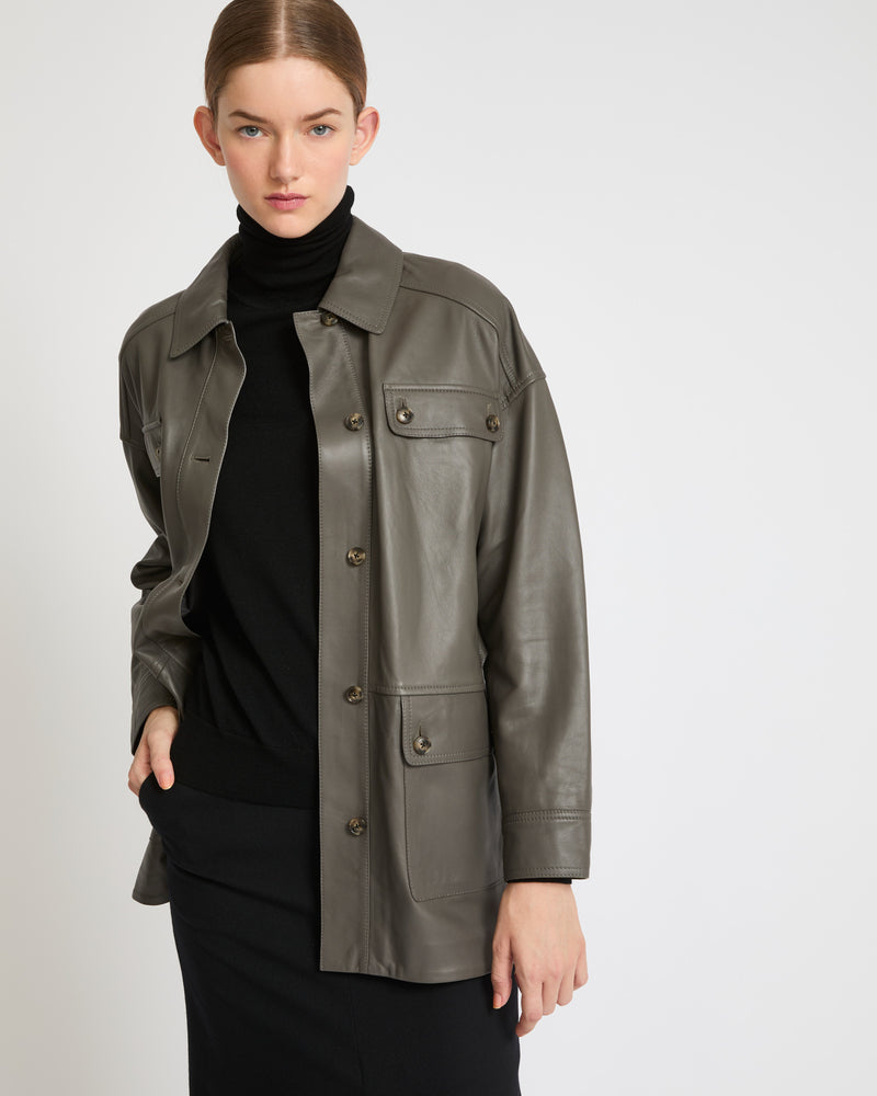 Belted safari jacket in lambskin leather - grey - Yves Salomon