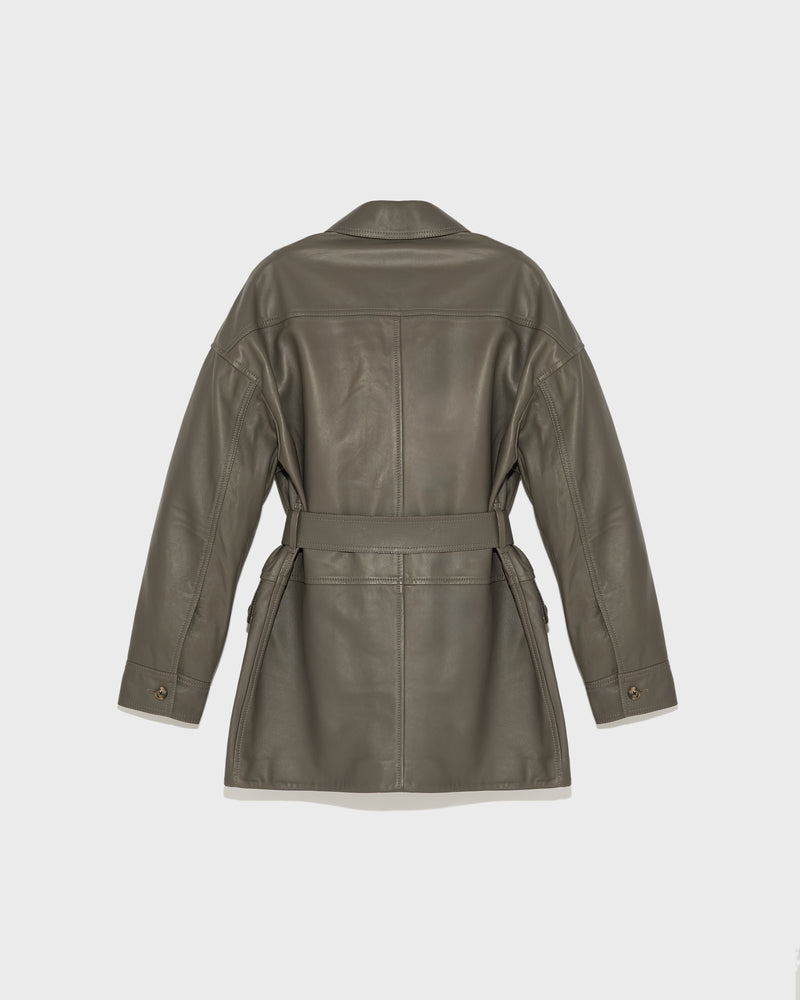 Belted safari jacket in lambskin leather - grey - Yves Salomon