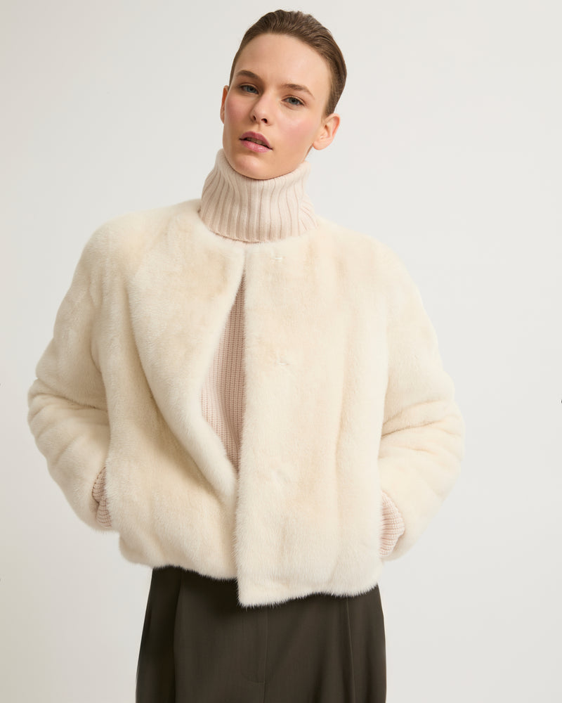 Long-haired mink fur round neck jacket - white - Yves Salomon