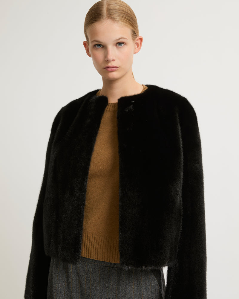 Long-haired mink fur round neck jacket - black - Yves Salomon