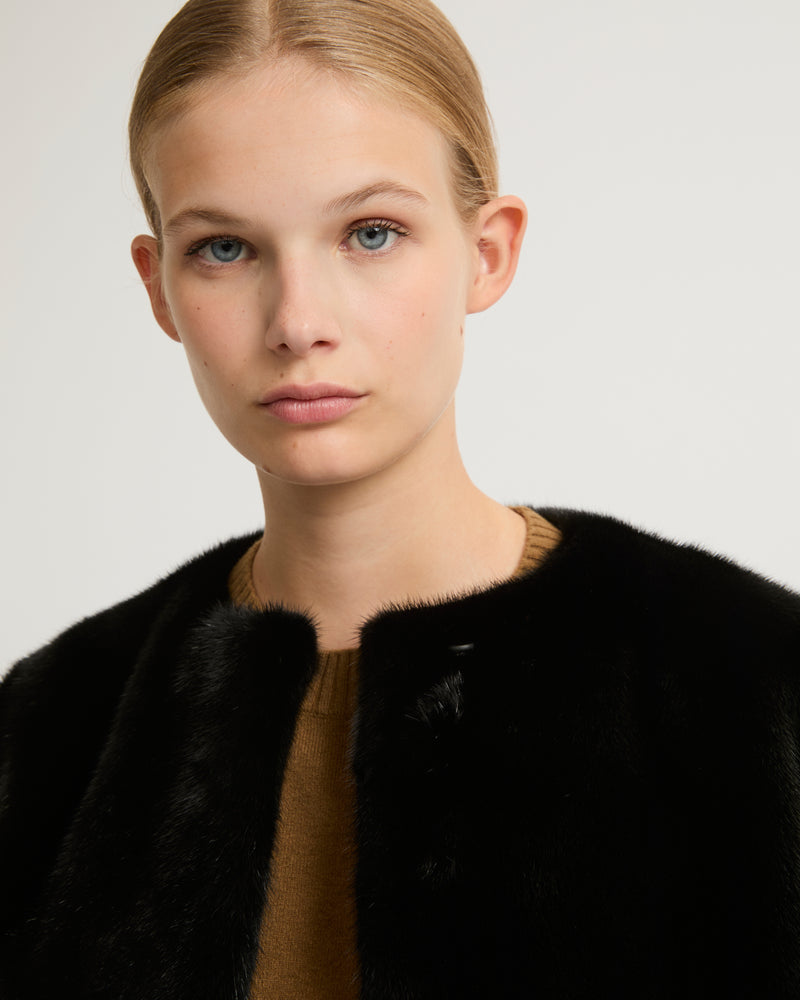 Long-haired mink fur round neck jacket - black - Yves Salomon