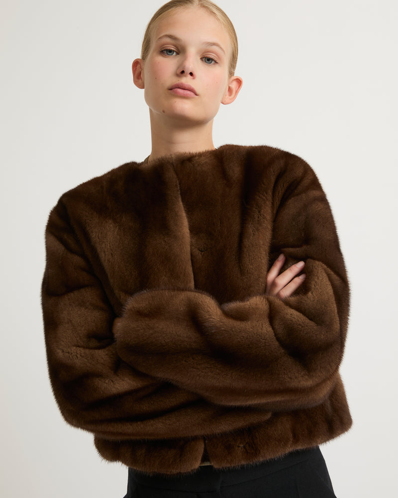 Long-haired mink fur round neck jacket - brown - Yves Salomon