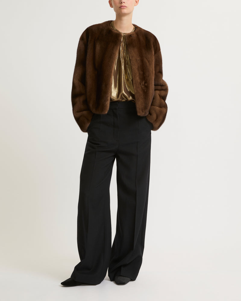 Long-haired mink fur round neck jacket