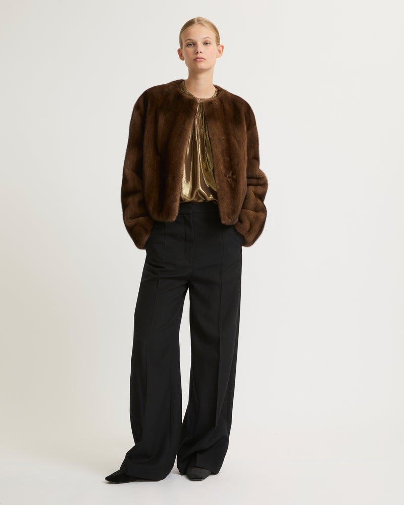 Long-haired mink fur round neck jacket - brown - Yves Salomon