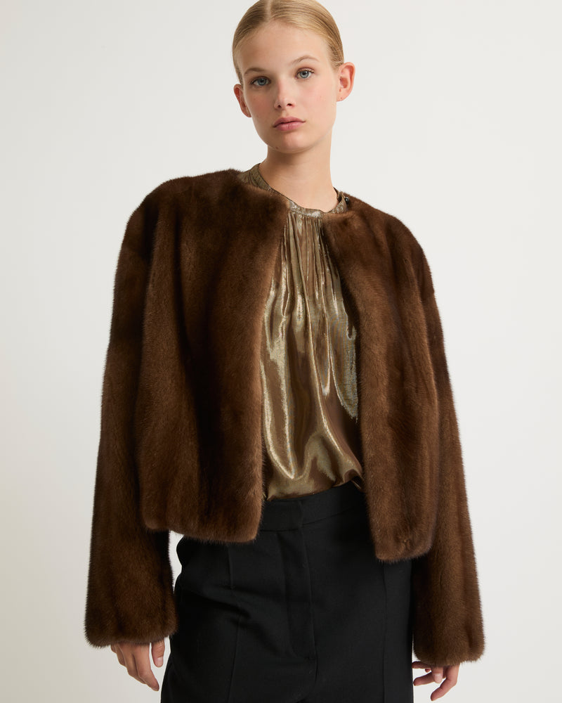 Long-haired mink fur round neck jacket - brown - Yves Salomon