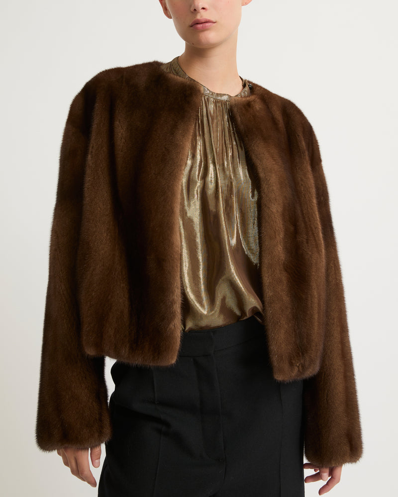 Long-haired mink fur round neck jacket